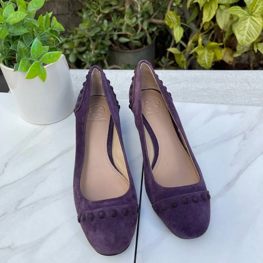 Tory Burch Colt Suede Pump Studded Block Heel Pump Purple Suede Leather Size 5